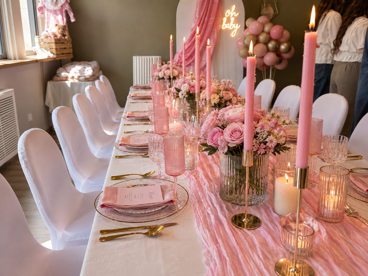 Baby shower-bord med rosa lys, roser, gullbestikk og oh baby-neonskilt