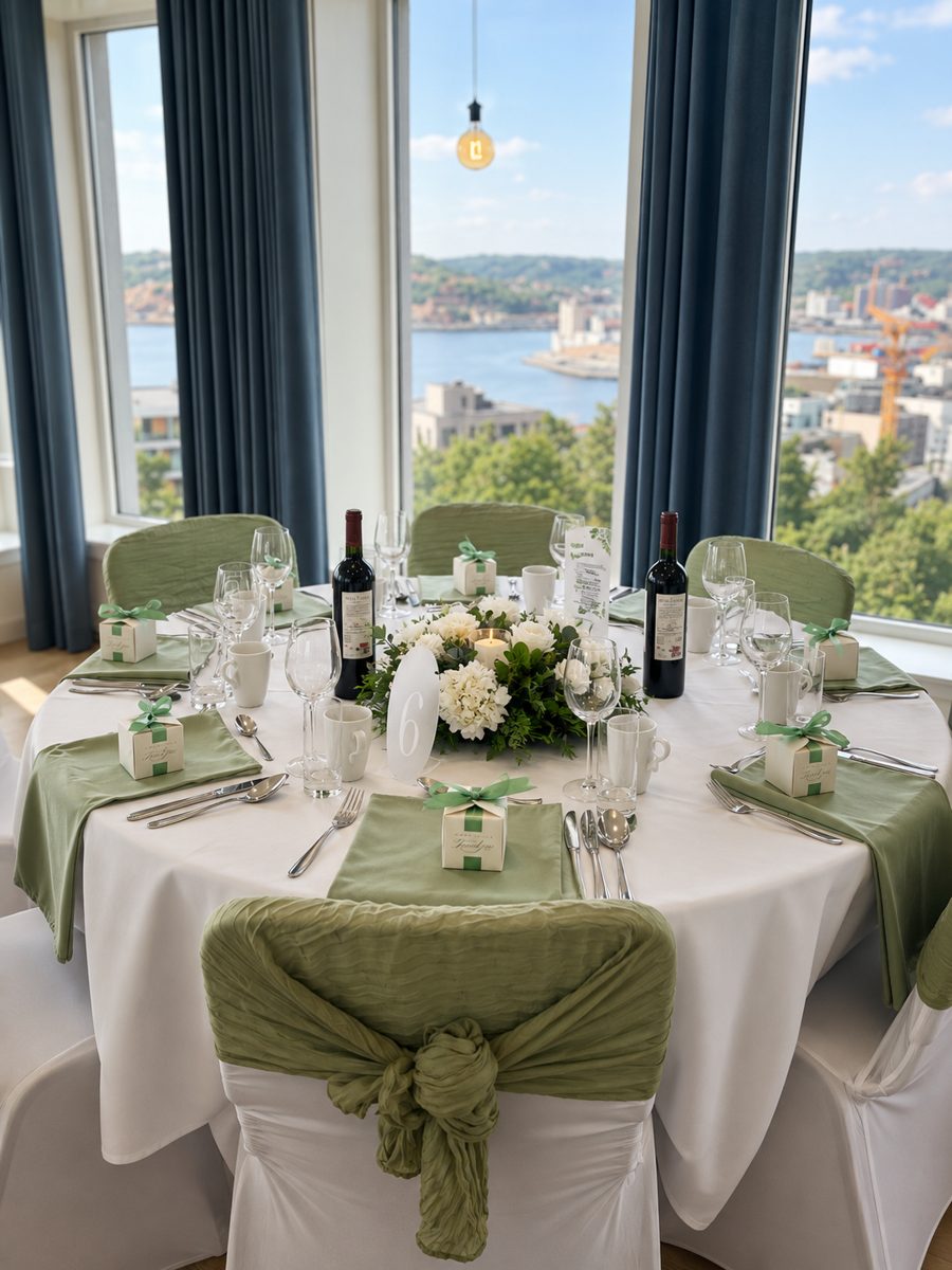 Rundt bryllupsbord i sage green med hvite blomster, vin og gaveesker med utsikt over byen