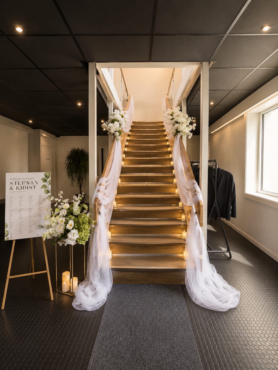 Trapp dekorert med hvit tyll, blomster og lys, med bordplasseringsskilt på staffeli